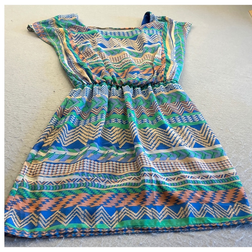 City Triangles Geometric Chevron Print Mini Dress Medium Blue Green Boho Summer